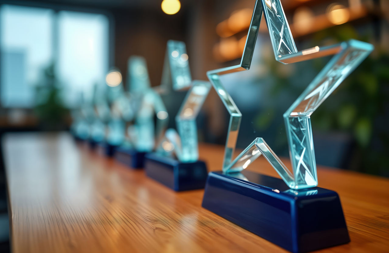 Corporate award trophies are displayed on light brown wooden table. Glass star-shaped trophies are arranged in row. Recognition, achievements are highlighted. Pro success competitions are symbolized.