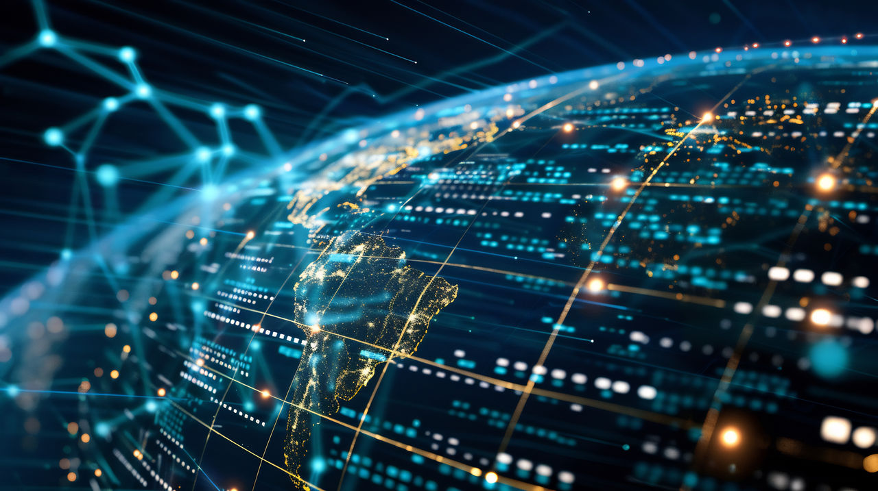 Orbiting smart ledgers floating in coded space with interconnected business pulses, 2025 trend